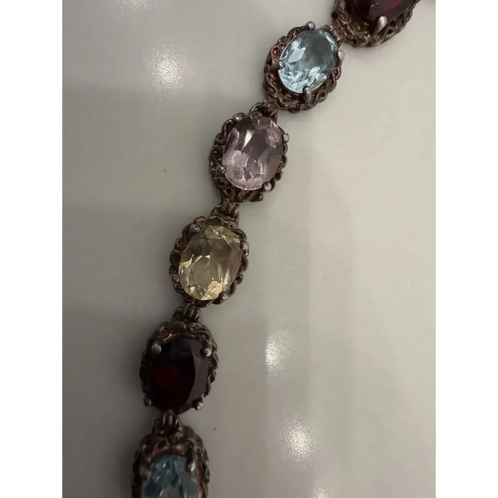 925 Thailand Sterling Silver Multi Color Gemstone Tennis Bracelet Vintage 8” 18g